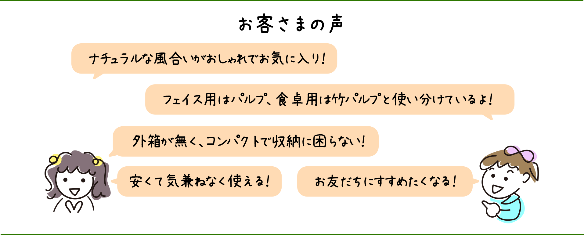 お客さまの声　ナチュラルな風合いがおしゃれでお気に入り！フェイス用はパルプ、食卓用は竹パルプと使い分けているよ！外箱が無く、コンパクトで収納に困らない！安くて気兼ねなく使える！お友だちにすすめたくなる！
