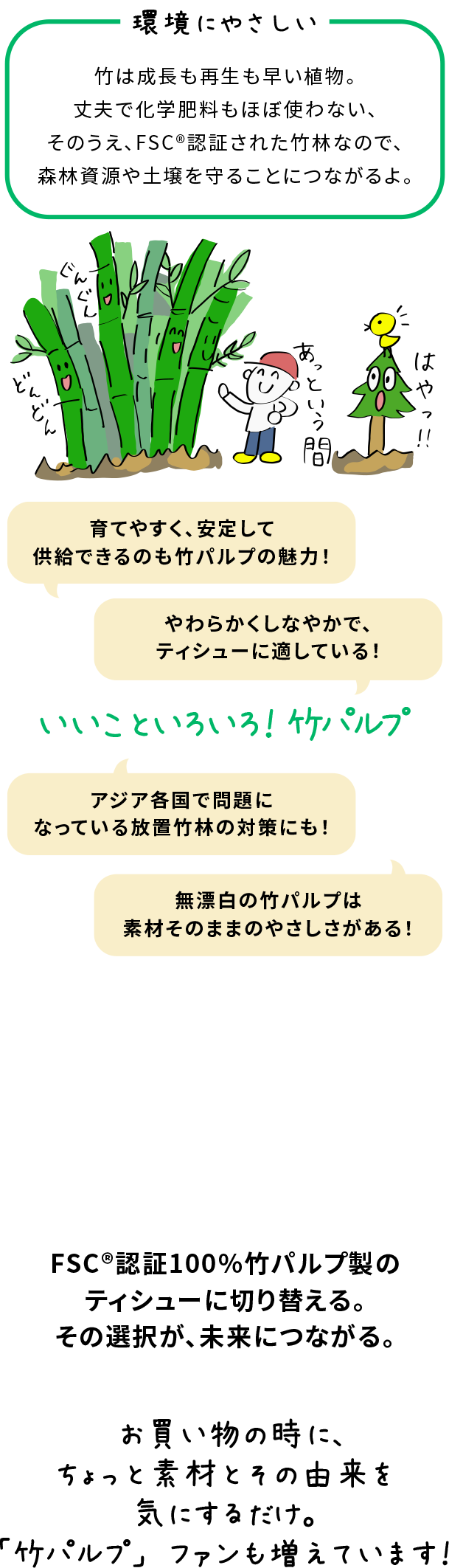 環境にやさしい 竹は成長も再生も早い植物。丈夫で化学肥料もほぼ使わない、そのうえ、FSC&reg;認証された竹林なので、森林資源や土壌を守ることにつながるよ。 いいことがいろいろ！竹パルプ 育てやすく、安定して供給できるのも竹パルプの魅力！ アジア各国で問題になっている放置竹林の対策にも！ 無漂泊の竹パルプは素材そのままのやさしさがある！ やわらかくしなやかで、ティシューに適している！ FSC&reg;認証100％竹パルプ製のティシューに切り換える。その選択が、未来につながる。 お買物の時に、ちょっと素材とその由来を気にするだけ。「竹パルプ」ファンも増えています！