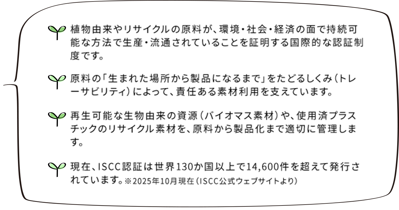 ・植物由来やリサイクルの原料が、環境・社会・経済の面で持続可能な方法で生産・流通されていることを証明する国際的な認証制度です。 ・原料の「生まれた場所から製品になるまで」をたどるしくみ（トレーサビリティ）によって、責任ある素材利用を支えています。 ・再生可能な生物由来の資源（バイオマス素材）や、使用済プラスチックのリサイクル素材を、原料から製品化まで適切に管理します。 ・現在、ISCC認証は世界130か国以上で14,600件を超えて発行されています。※2025年10月現在（ISCC公式ウェブサイトより）