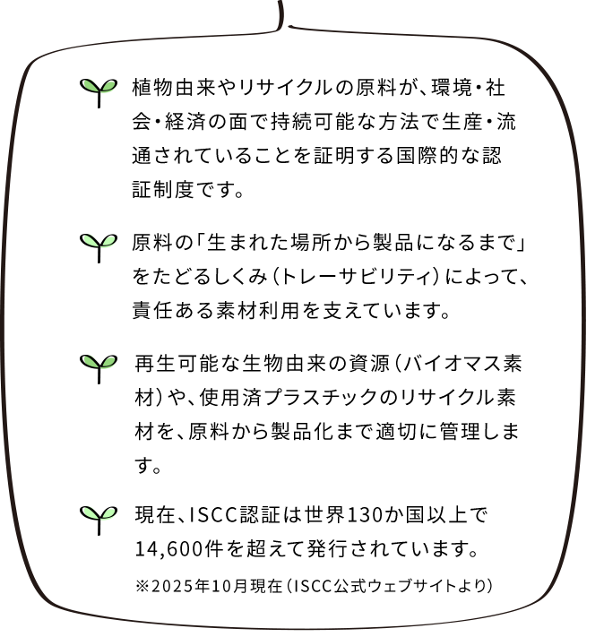 ・植物由来やリサイクルの原料が、環境・社会・経済の面で持続可能な方法で生産・流通されていることを証明する国際的な認証制度です。 ・原料の「生まれた場所から製品になるまで」をたどるしくみ（トレーサビリティ）によって、責任ある素材利用を支えています。 ・再生可能な生物由来の資源（バイオマス素材）や、使用済プラスチックのリサイクル素材を、原料から製品化まで適切に管理します。 ・現在、ISCC認証は世界130か国以上で14,600件を超えて発行されています。※2025年10月現在（ISCC公式ウェブサイトより）