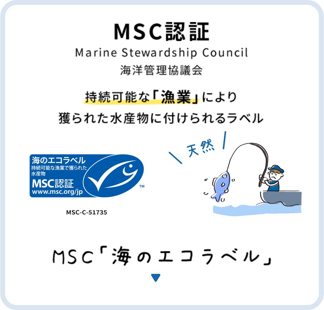 MSC認証 Marine Stewardship Council 海洋管理協議会 持続可能な「漁業」により獲られた水産物に付けられるラベル MSC「海のエコラベル」