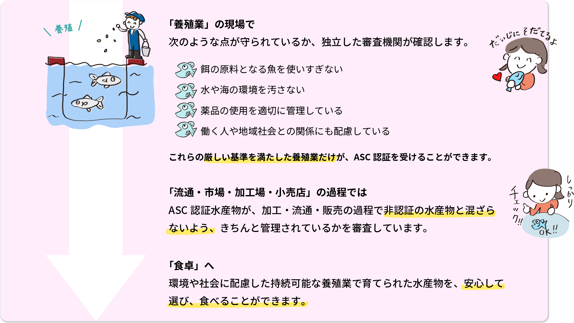「養殖業」の現場で 次のような点が守られているか、独立した審査機関が確認します。 水や海の環境を汚さない 薬品の使用を適切に管理している 働く人や地域社会との関係にも配慮している これらの厳しい基準を満たした養殖業だけが、ASC認証を受けることができます。 「流通・市場・加工場・小売店」の過程では ASC認証水産物が、加工・流通・販売の過程で非認証の水産物と混ざらないよう、きちんと管理されているかを審査しています。 「食卓」へ 環境や社会に配慮した持続可能な養殖業で育てられた水産物を、安心して選び、食べることができます。