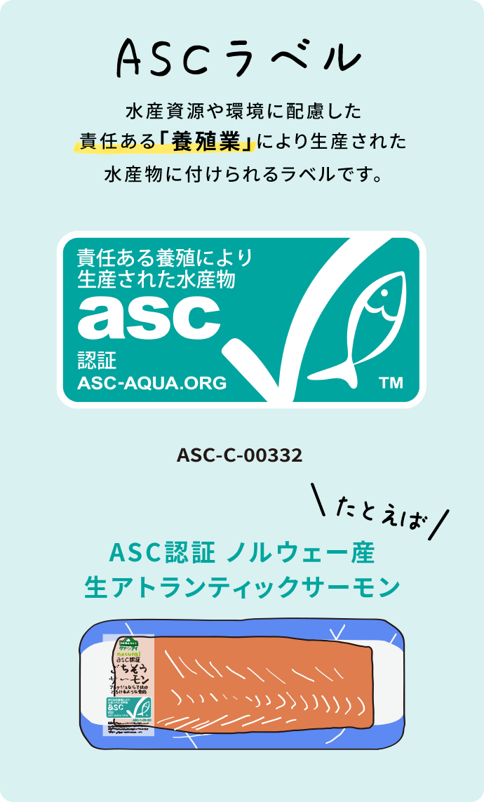 ASCラベル 水産資源や環境に配慮した責任ある「養殖業」により生産された水産物に付けられるラベルです。 ASC-C-00332 ASC認証 ノルウェー産生アトランティックサーモン