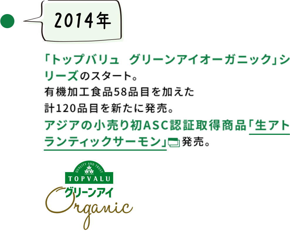 【2014年】「トップバリュ グリーンアイオーガニック」シリーズのスタート。有機加工食品58品目を加えた計120品目を新たに発売。アジアの小売り初ASC認証取得商品「生アトランティックサーモン」　発売。