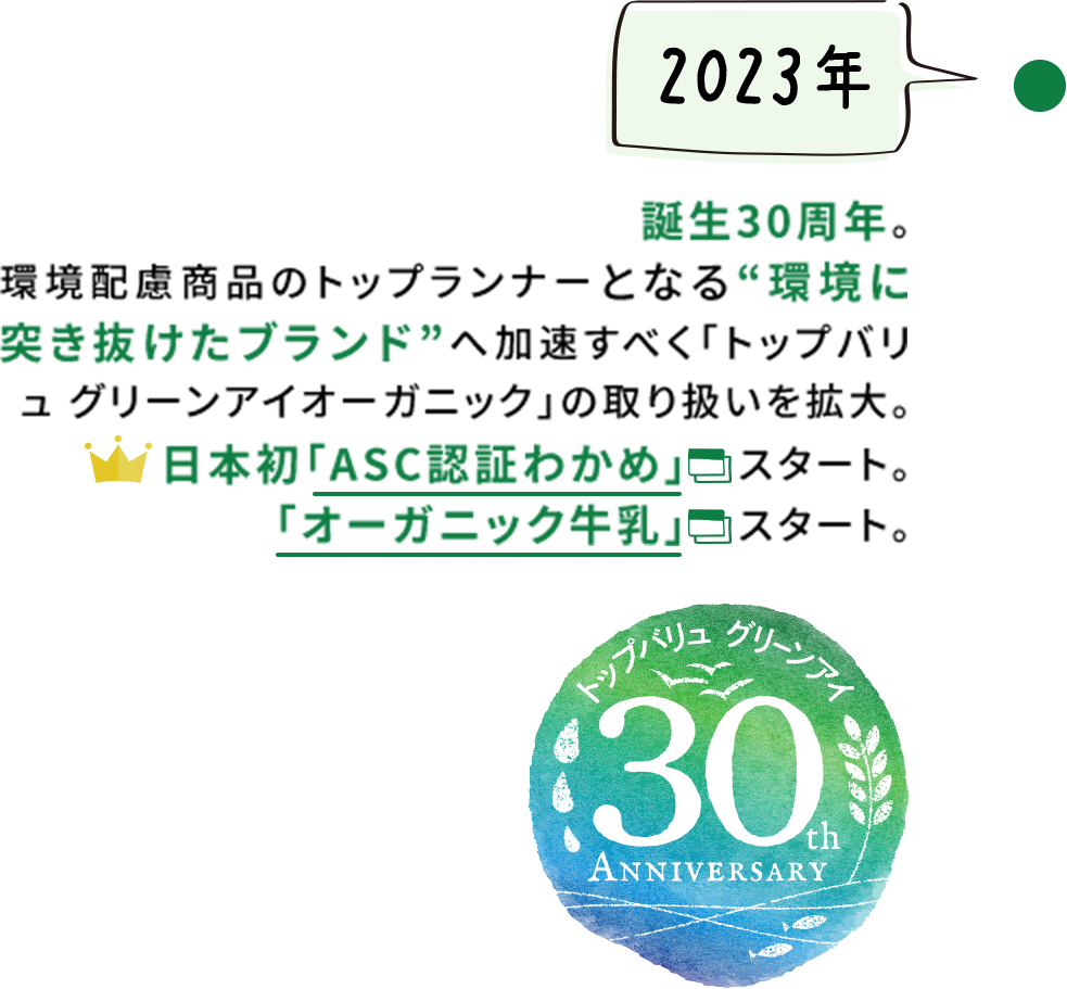 【2023年】誕生30周年。環境配慮商品のトップランナーとなる“環境に突き抜けたブランド”へ加速すべく「トップバリュ グリーンアイオーガニック」の取り扱いを拡大。日本初「ASC認証わかめ」スタート。「オーガニック牛乳」スタート。