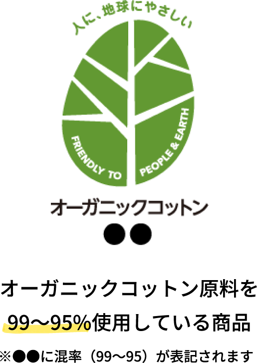 オーガニックコットン●● オーガニックコットン原料を99～95%使用している商品 ※●●に混率（99～95）が表記されます