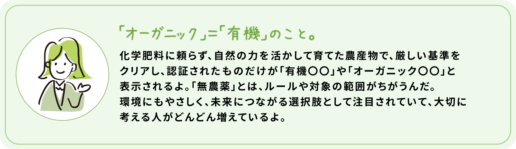「オーガニック」＝「有機」のこと。 化学肥料に頼らず、自然の力を活かして育てた農産物で、厳しい基準をクリアし、認証されたものだけが「有機〇〇」や「オーガニック〇〇」と表示されるよ。「無農薬」とは、ルールや対象の範囲がちがうんだ。環境にもやさしく、未来につながる選択肢として注目されていて、大切に考える人がどんどん増えているよ。