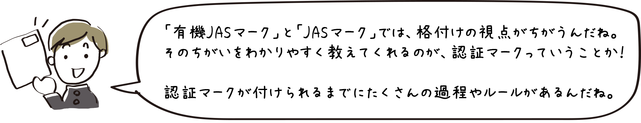 「有機JASマーク」と「JASマーク」では、格付けの視点がちがうんだね。そのちがいをわかりやすく教えてくれるのが、認証マークっていうことか！認証マークが付けられるまでにたくさんの過程やルールがあるんだね。