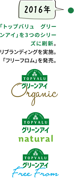 【2016年】「トップバリュ グリーンアイ」を3つのシリーズに刷新。リブランディングを実施。「フリーフロム」を発売。