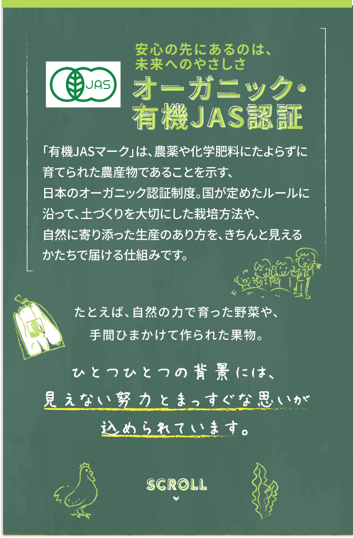 安心の先にあるのは、未来へのやさしさ オーガニック・有機JAS認証 「有機JASマーク」は、農薬や化学肥料にたよらずに育てられた農産物であることを示す、日本のオーガニック認証精度。国が定めたルールに沿って、土づくりを大切にした栽培方法や、自然に寄り添った生産のあり方を、きちんと見えるかたちで届ける仕組みです。 たとえば、自然の力で育った野菜や、手間ひまかけて作られた果物。 ひとつひとつの背景には、見えない努力とまっすぐな思いが込められています。
