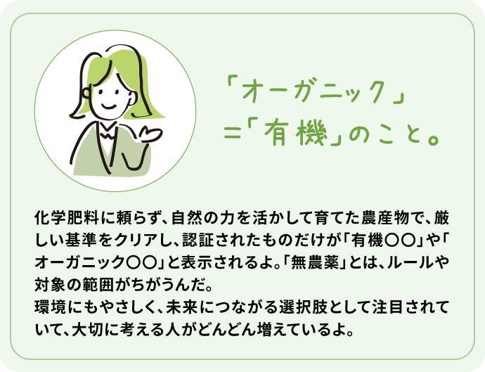 「オーガニック」＝「有機」のこと。 化学肥料に頼らず、自然の力を活かして育てた農産物で、厳しい基準をクリアし、認証されたものだけが「有機〇〇」や「オーガニック〇〇」と表示されるよ。「無農薬」とは、ルールや対象の範囲がちがうんだ。環境にもやさしく、未来につながる選択肢として注目されていて、大切に考える人がどんどん増えているよ。