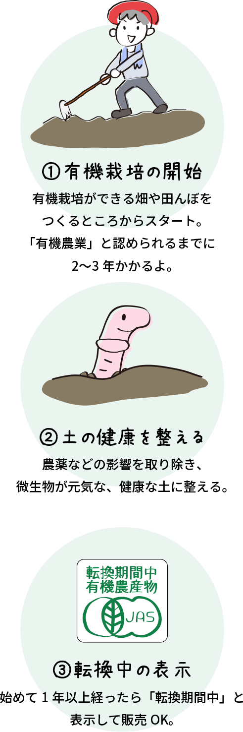 1.有機栽培ができる畑や田んぼをつくるところからスタート。「有機農業」と認められるまでに2～3年かかるよ。／2.土の健康を整える 農薬などの影響を取り除き、微生物が元気な、健康な土に整える。／3.転換中の表示 始めて1年以上経ったら「転換期間中」と表示して販売OK。