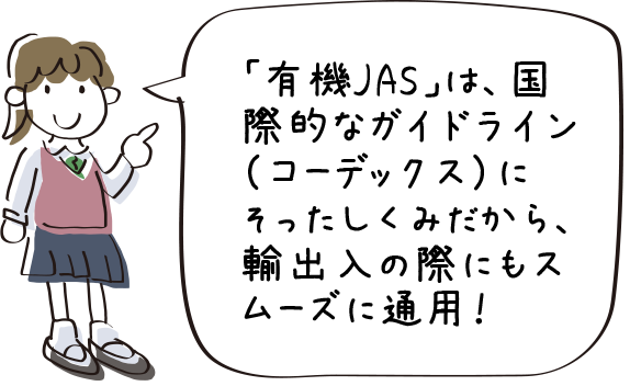 「有機JAS」は、国際的なガイドライン（コーデックス）にそったしくみだから、輸出入の際にもスムーズに通用！
